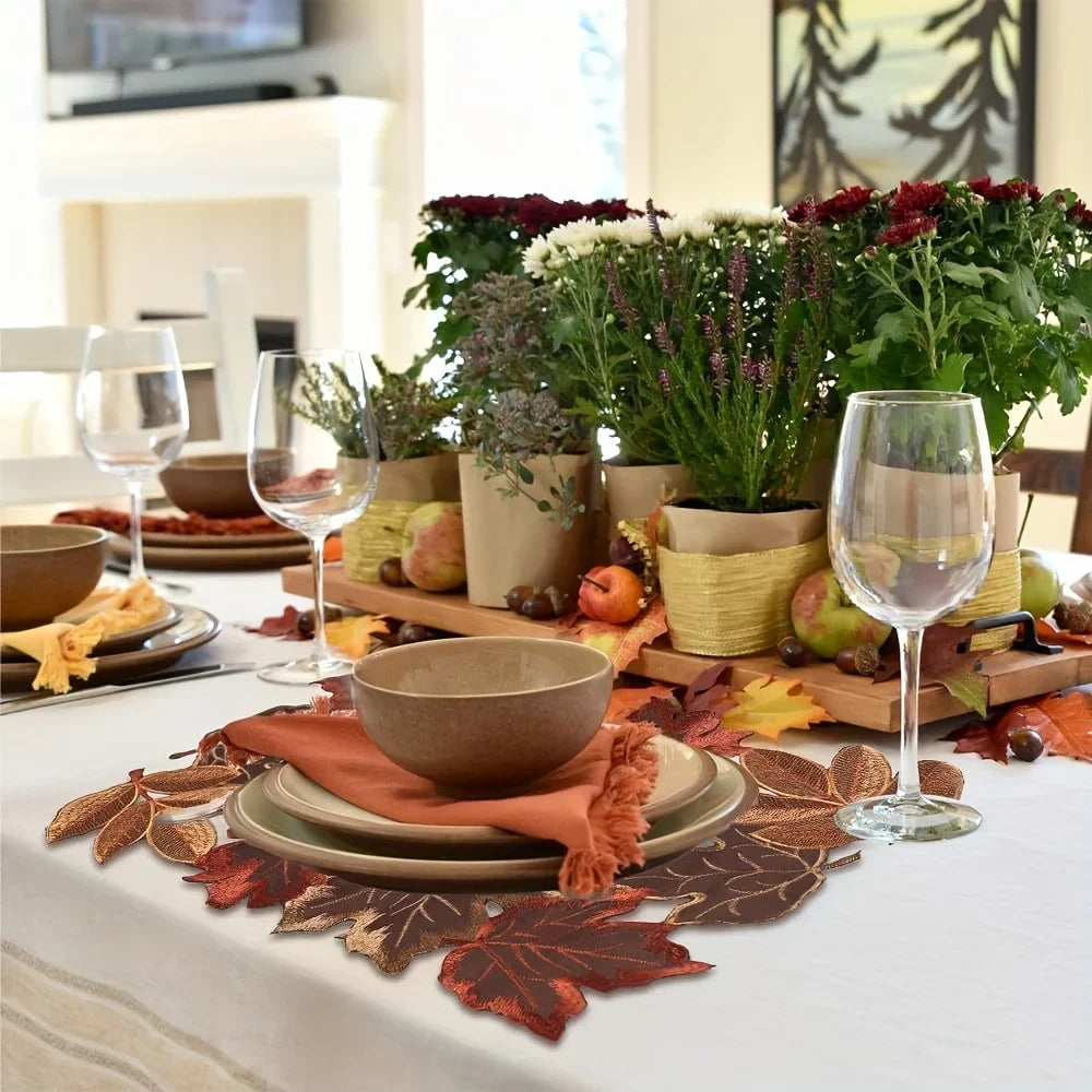 Autumn Maple Leaf Embroidered Table Runner & Placemats