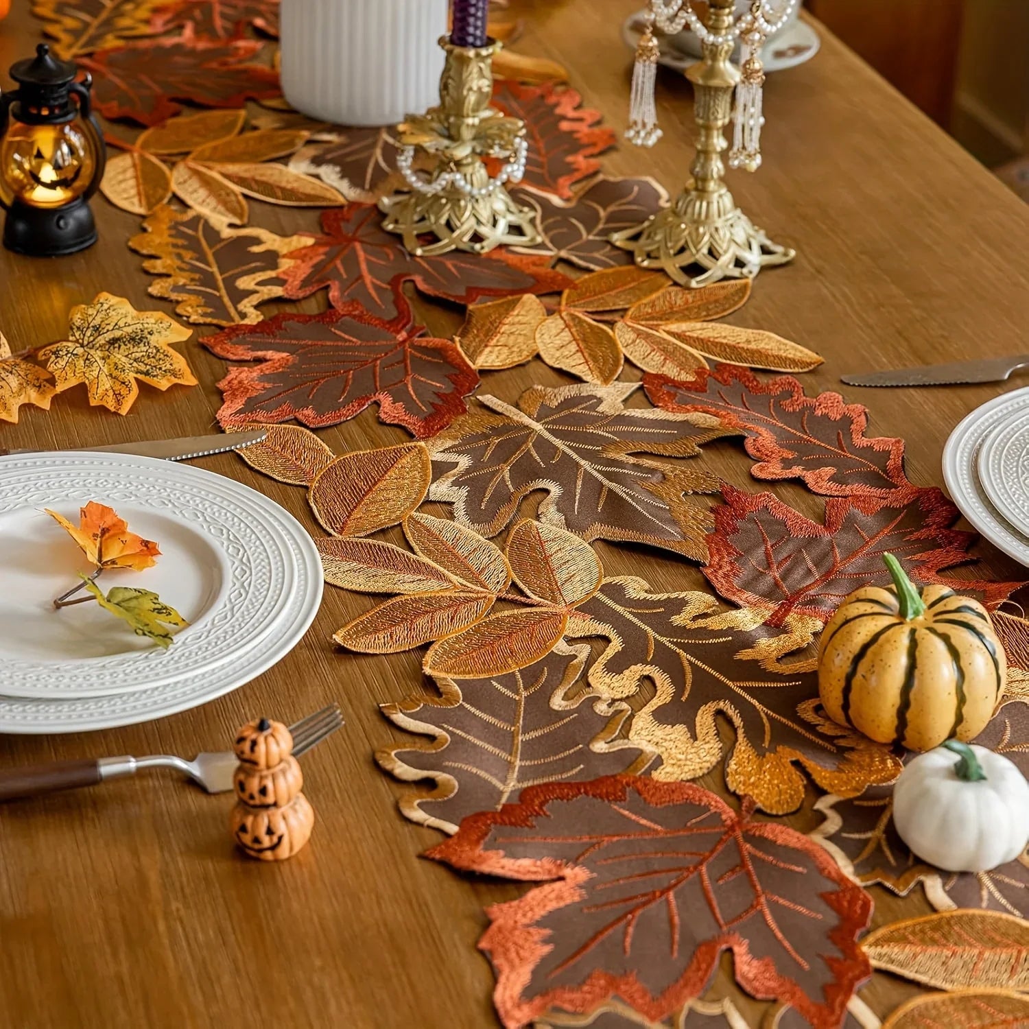 Autumn Maple Leaf Embroidered Table Runner & Placemats