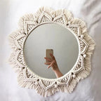 Boho Macrame Round Wall Mirror – Decorative Hanging Mirror for Bedroom & Living Room - Cream with Hanging Leaves
