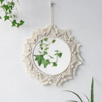Boho Macrame Round Wall Mirror – Decorative Hanging Mirror for Bedroom & Living Room - Cream with Hanging Leaves