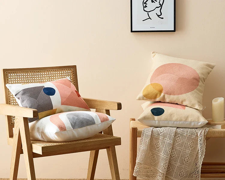 Abstract Geometric Embroidered Cushion Cover – Colorful Boho Pillowcase
