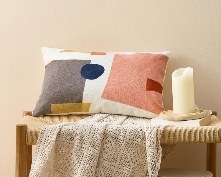 Abstract Geometric Embroidered Cushion Cover – Colorful Boho Pillowcase