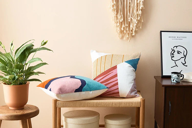 Abstract Geometric Embroidered Cushion Cover – Colorful Boho Pillowcase