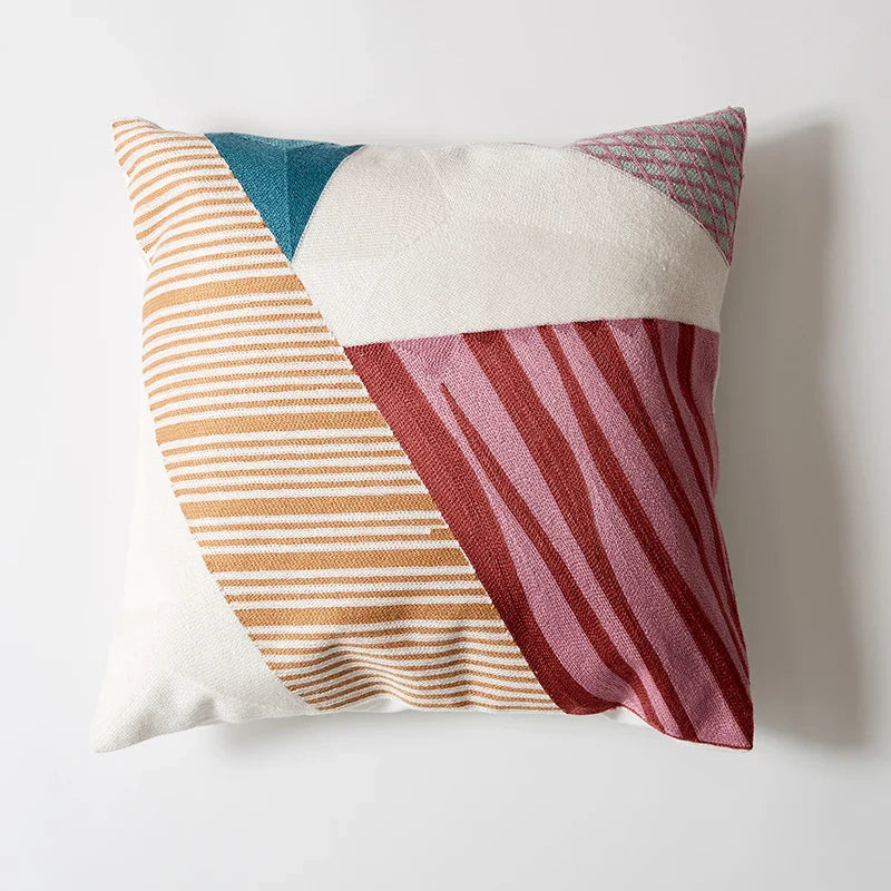 Abstract Geometric Embroidered Cushion Cover – Colorful Boho Pillowcase