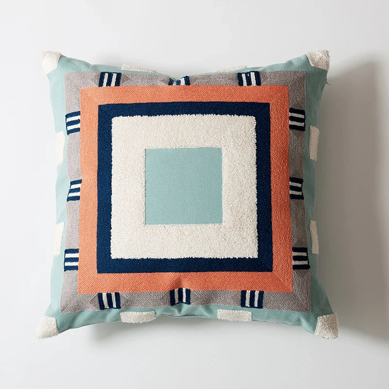 Abstract Geometric Embroidered Cushion Cover – Colorful Boho Pillowcase