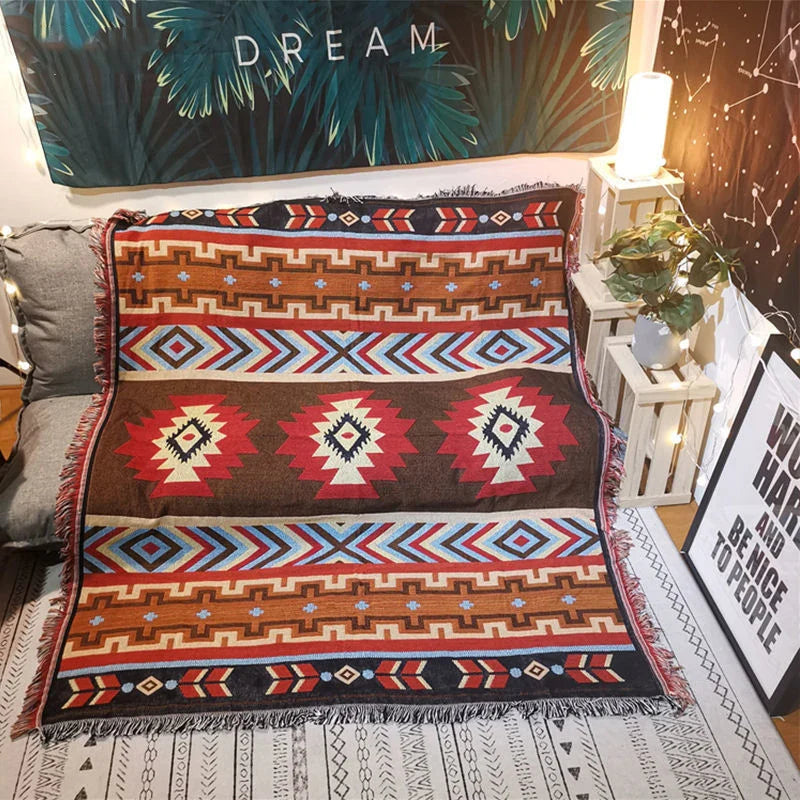 Aztec Boho Throw Blanket Decorative Bed Blankets Geometric Flower Sofa Couch Tassels Home Decor