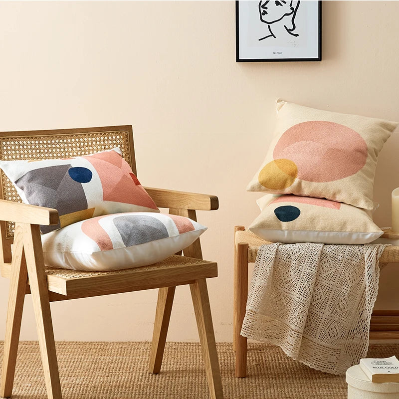 Abstract Geometric Embroidered Cushion Cover – Colorful Boho Pillowcase