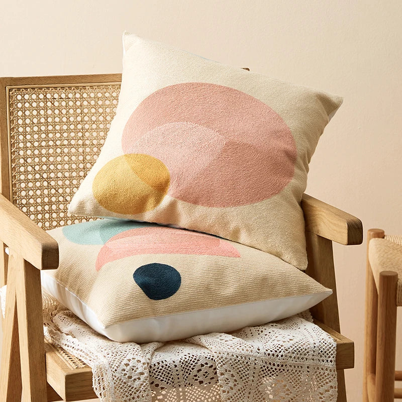 Abstract Geometric Embroidered Cushion Cover – Colorful Boho Pillowcase
