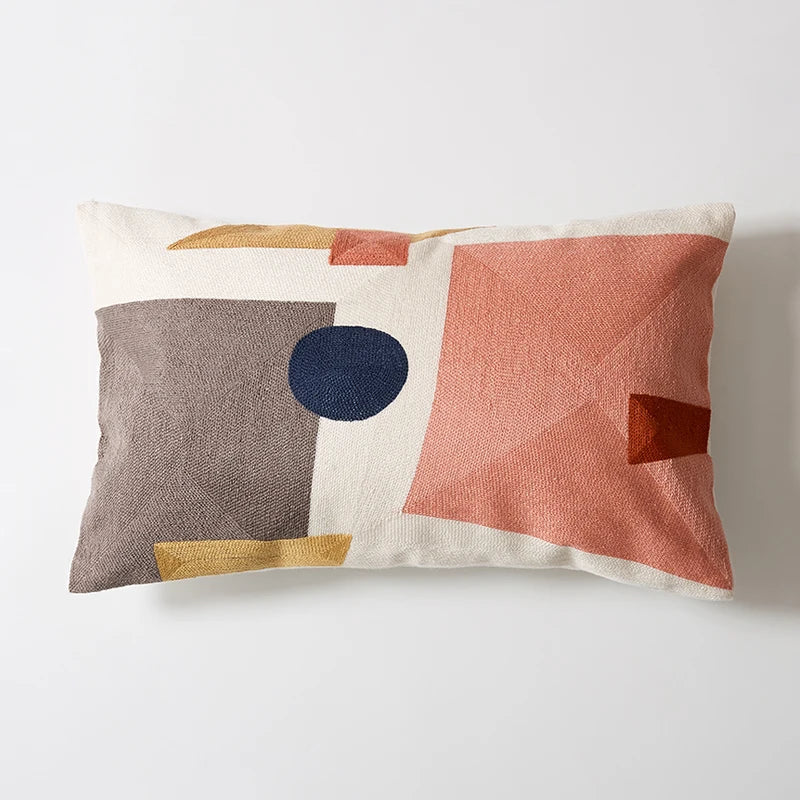 Abstract Geometric Embroidered Cushion Cover – Colorful Boho Pillowcase