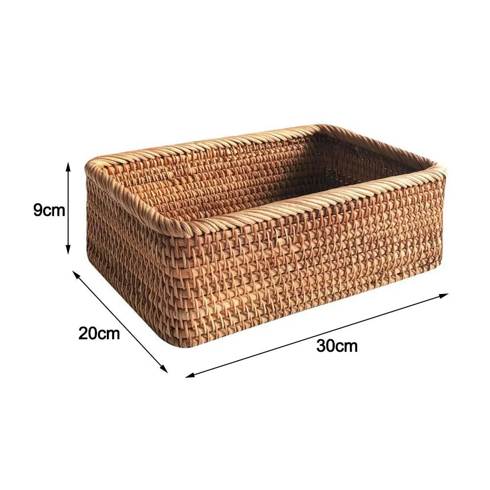 Handwoven Rectangular Rattan Basket – Boho Wicker Storage Bin for Fruit, Snacks, Tea, Bread, or Home Organization