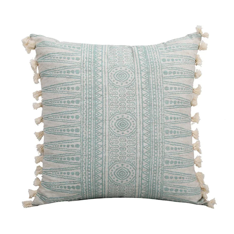 Vintage Green Boho Cushion Cover with Tassels for Sofa, Bed & Home Decor