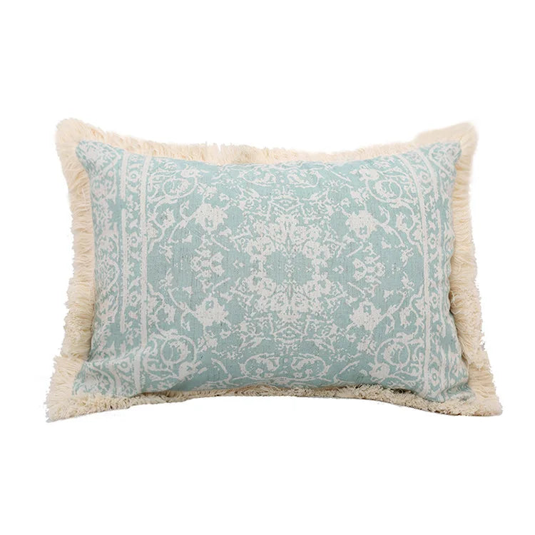 Vintage Green Boho Cushion Cover with Tassels for Sofa, Bed & Home Decor