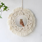 Boho Macrame Round Wall Mirror – Decorative Hanging Mirror for Bedroom & Living Room - Cream with Hanging Leaves