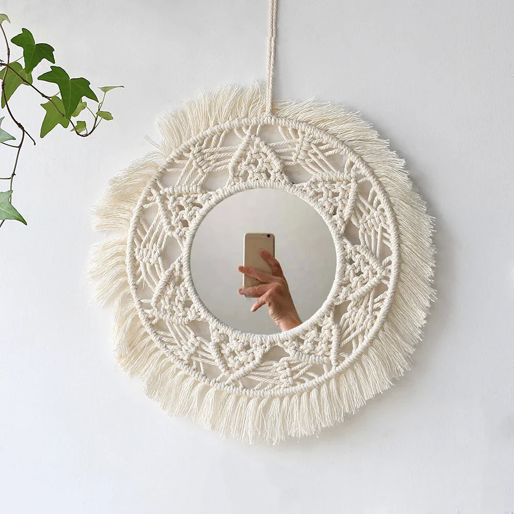 Boho Macrame Round Wall Mirror – Decorative Hanging Mirror for Bedroom & Living Room - Natural Knotted Sun