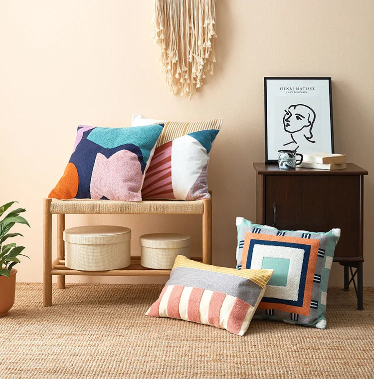 Abstract Geometric Embroidered Cushion Cover – Colorful Boho Pillowcase