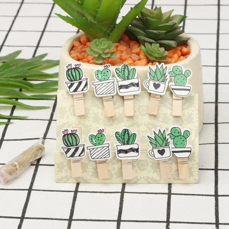 Cactus Wooden Photo Clips Set (10 Pack with Twine)