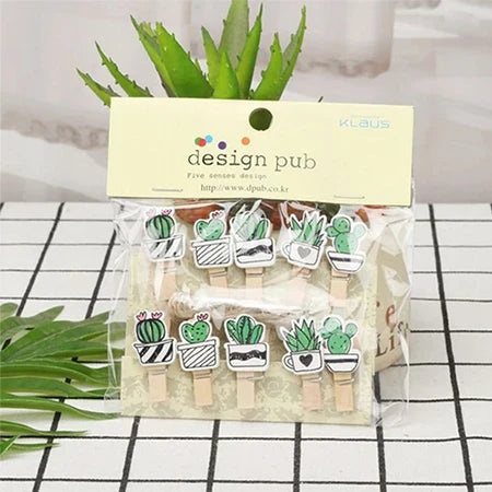 Cactus Wooden Photo Clips Set (10 Pack with Twine)