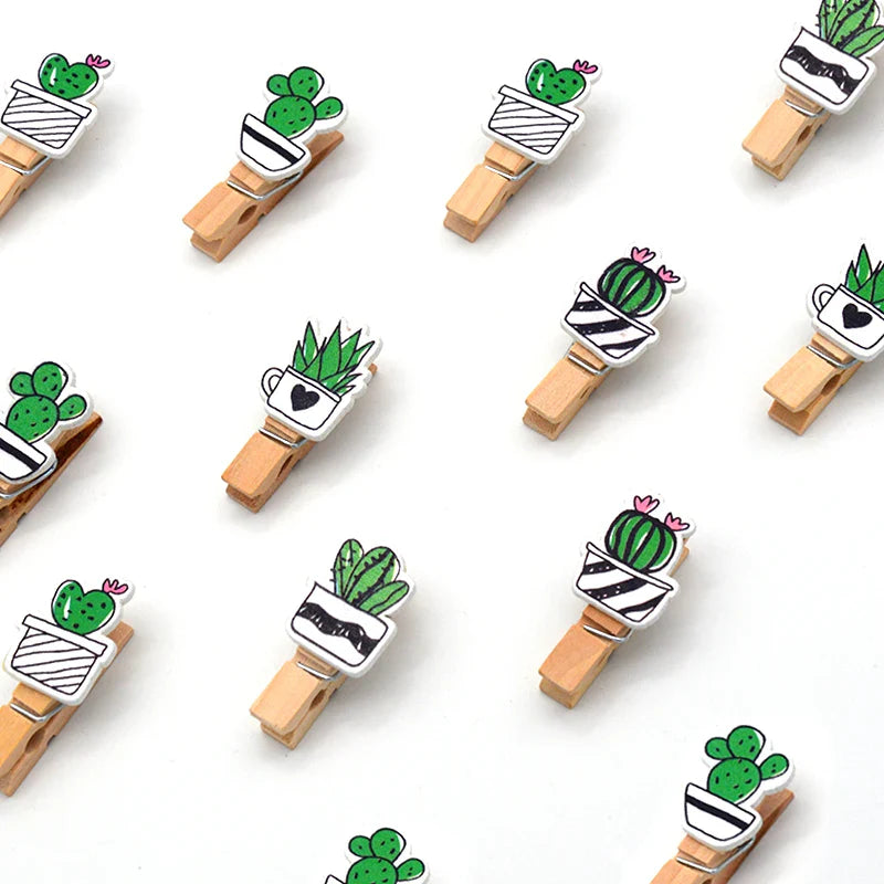 Cactus Wooden Photo Clips Set (10 Pack with Twine)
