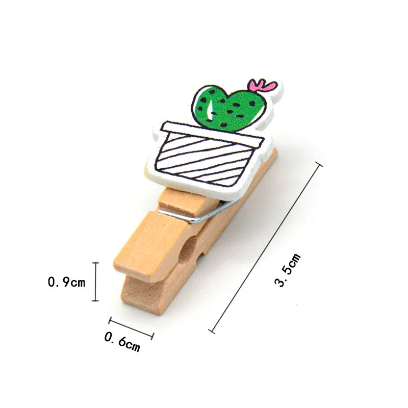 Cactus Wooden Photo Clips Set (10 Pack with Twine)