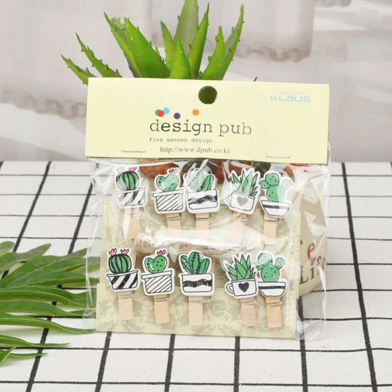 Cactus Wooden Photo Clips Set (10 Pack with Twine)