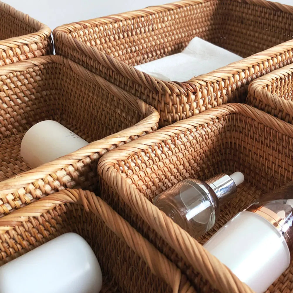 Handwoven Rectangular Rattan Basket – Boho Wicker Storage Bin for Fruit, Snacks, Tea, Bread, or Home Organization
