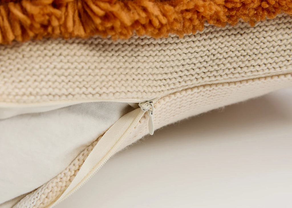 Boho Striped Tufted Cushion Cover – Knitted Throw Pillow Case with Tassels - Clay