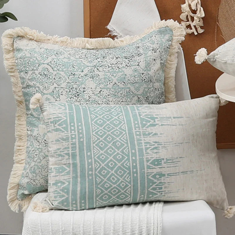 Vintage Green Boho Cushion Cover with Tassels for Sofa, Bed & Home Decor