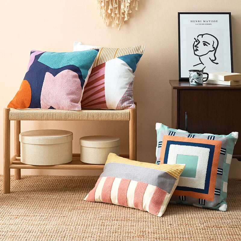 Abstract Geometric Embroidered Cushion Cover – Colorful Boho Pillowcase