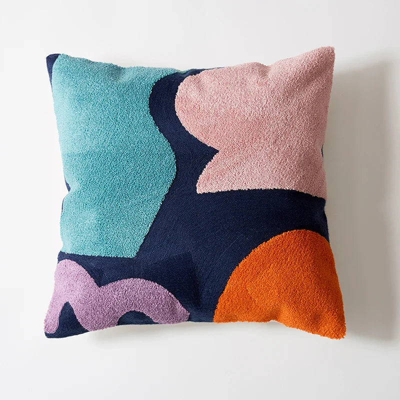 Abstract Geometric Embroidered Cushion Cover – Colorful Boho Pillowcase