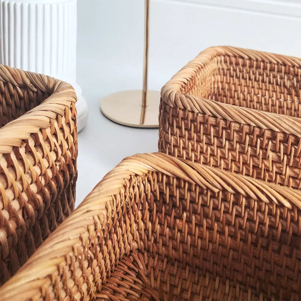 Handwoven Rectangular Rattan Basket – Boho Wicker Storage Bin for Fruit, Snacks, Tea, Bread, or Home Organization