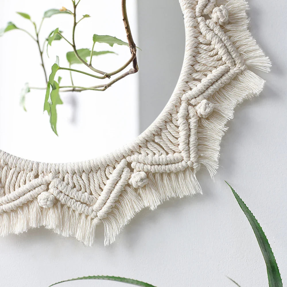 Boho Macrame Round Wall Mirror – Decorative Hanging Mirror for Bedroom & Living Room - Cream with Hanging Leaves