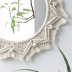 Boho Macrame Round Wall Mirror – Decorative Hanging Mirror for Bedroom & Living Room - Cream with Hanging Leaves