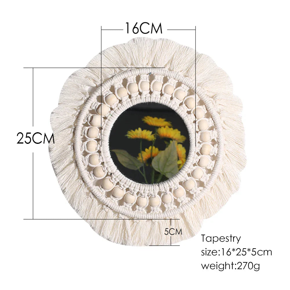 Boho Macrame Round Wall Mirror – Decorative Hanging Mirror for Bedroom & Living Room - Cream with Hanging Leaves