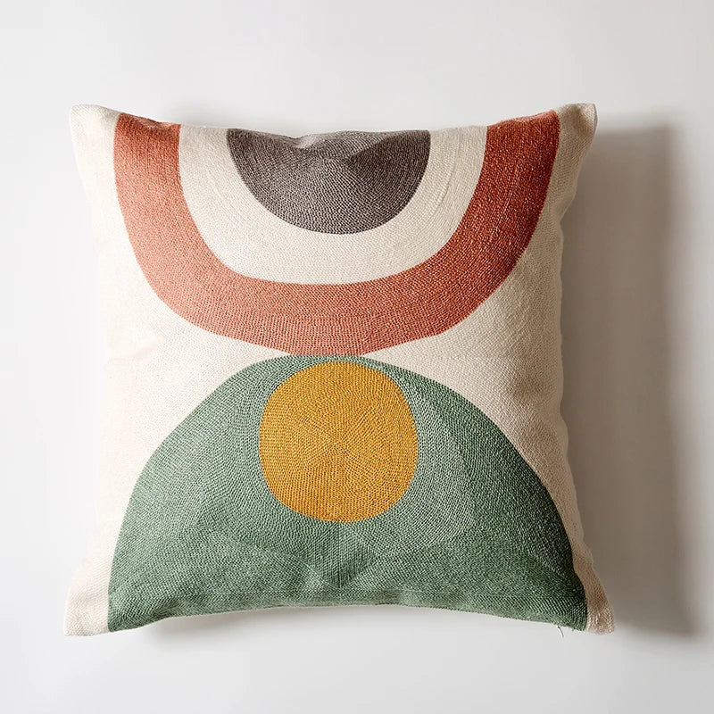 Abstract Geometric Embroidered Cushion Cover – Colorful Boho Pillowcase
