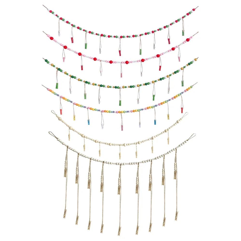 Boho Wall Hanging Photo Display with Wooden Beads & Clips
