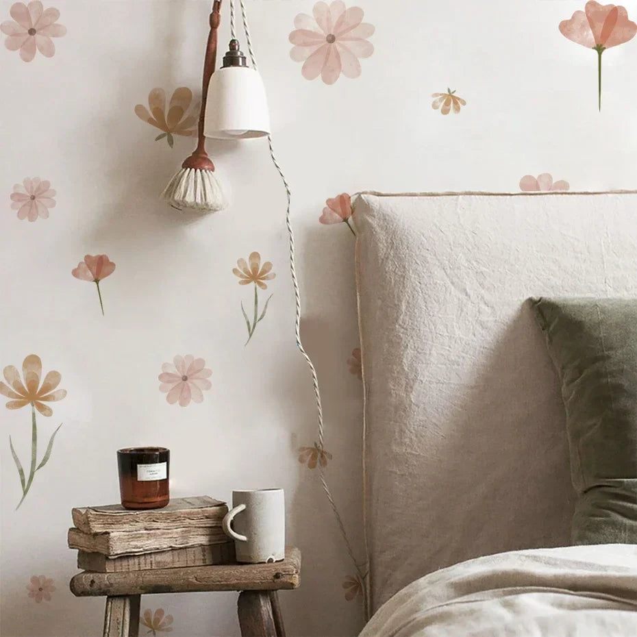 Boho Floral Leaf Wall Stickers – Removable 3D Vinyl Decals for Kids' Nursery & Home Decor - Pink Flowers
