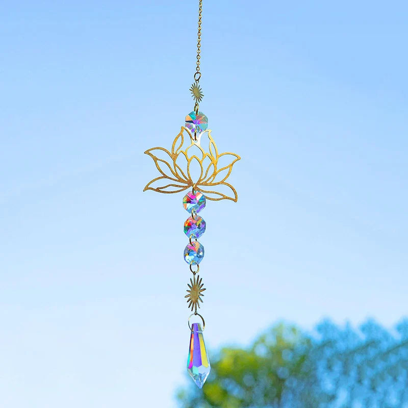 Metal Lotus & Crystal Boho Suncatcher – Handmade Sunlight Charm for Home & Garden