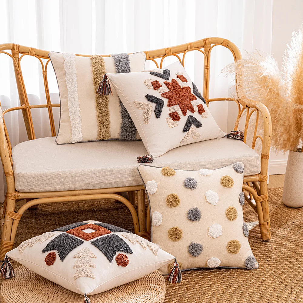 Tufted Bohemian Throw Pillow Cover – Geometric Embroidered Cushion with Tassels