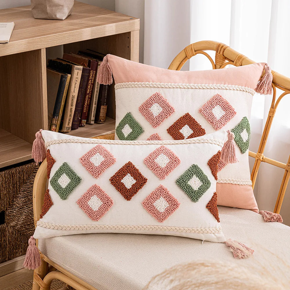 Tufted Bohemian Throw Pillow Cover – Geometric Embroidered Cushion with Tassels