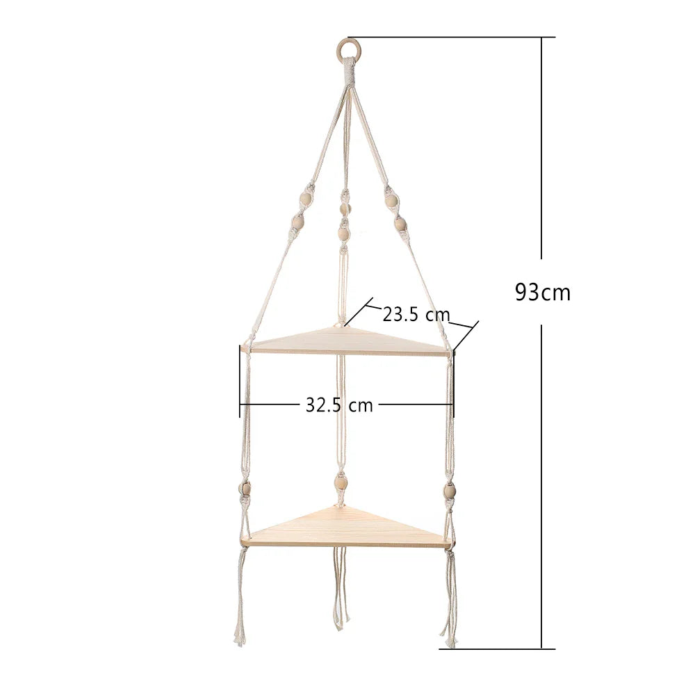 Boho Macrame Hanging Wooden Shelf – Handcrafted Floating Wall Shelf for Home Decor