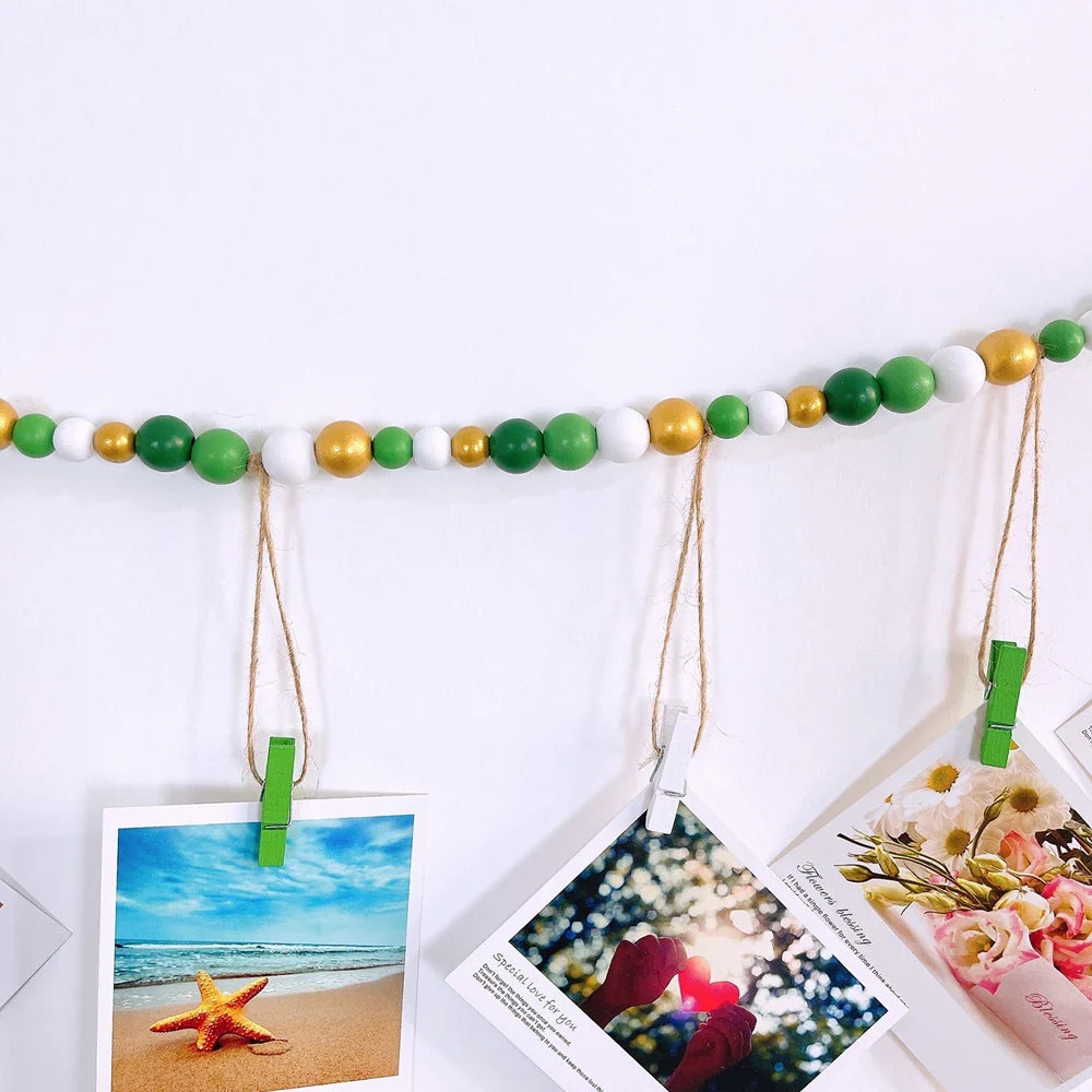 Boho Wall Hanging Photo Display with Wooden Beads & Clips