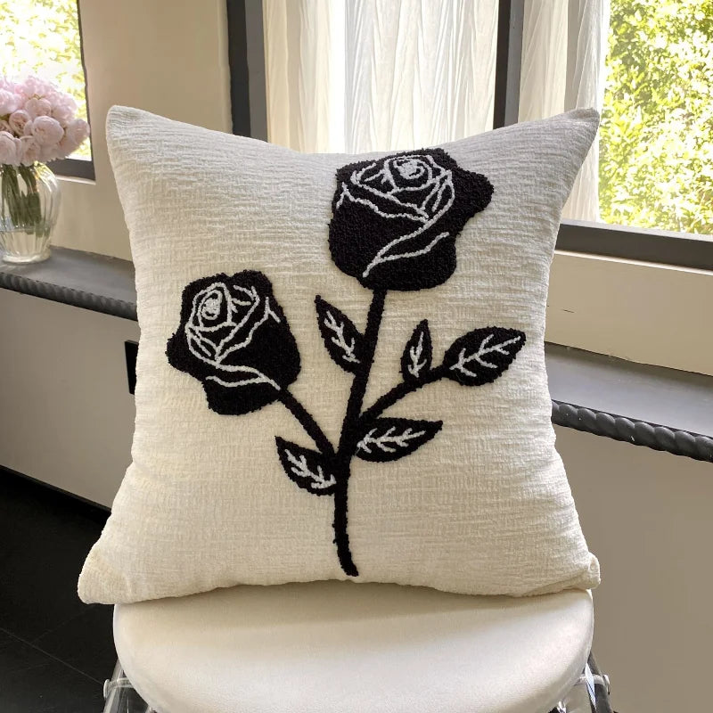 Black Rose Embroidered Cushion Cover – Nordic Chenille Pillowcase for Elegant Living Room Decor
