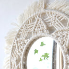 Boho Macrame Round Wall Mirror – Decorative Hanging Mirror for Bedroom & Living Room - Cream with Hanging Leaves
