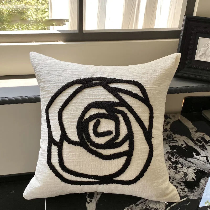 Black Rose Embroidered Cushion Cover – Nordic Chenille Pillowcase for Elegant Living Room Decor