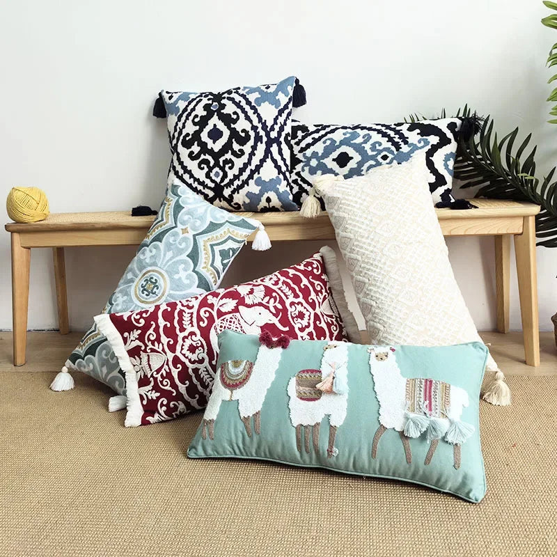 Bohemian Embroidered Cotton Throw Pillow Cover – 18 x 18 or 12 x 24 inches – Decorative Cushion for Sofa, Bed, or Lounge