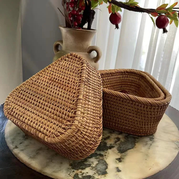 Handwoven Rectangular Rattan Basket – Boho Wicker Storage Bin for Fruit, Snacks, Tea, Bread, or Home Organization