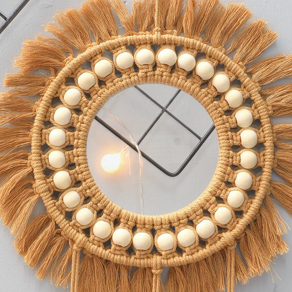 Boho Round Macrame Wall Mirror – Handwoven Decorative Hanging Mirror