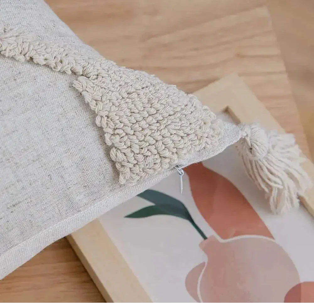 Boho Neutral Tufted & Tasseled Throw Pillow Case