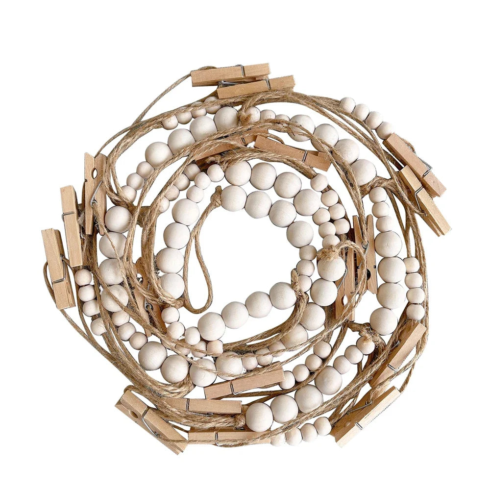 Boho Wall Hanging Photo Display with Wooden Beads & Clips
