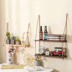 Wooden Floating Shelves for Wall Plants Flower Wood Rope Swing Hanging Storage Home Living Room Decor One Two and Three Tier Shelf
